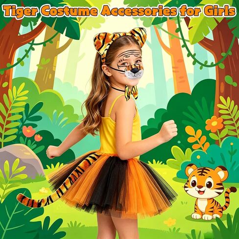 6 Pcs Tiger Costume Set for Girls and Kid Tiger Headband Tail Nose Bow Tie Tutus Skirt Face Sticker Fun Animal Costumes Fancy Dress for Halloween Cosplay Party in Saudi Arabia