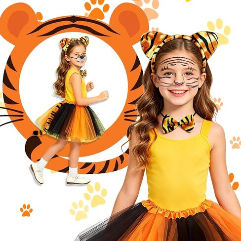 6 Pcs Tiger Costume Set for Girls and Kid Tiger Headband Tail Nose Bow Tie Tutus Skirt Face Sticker Fun Animal Costumes Fancy Dress for Halloween Cosplay Party in Saudi Arabia