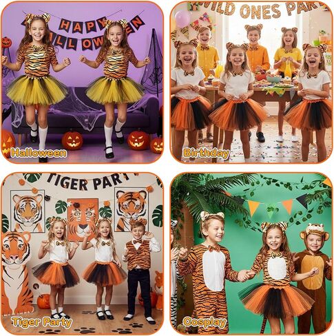 6 Pcs Tiger Costume Set for Girls and Kid Tiger Headband Tail Nose Bow Tie Tutus Skirt Face Sticker Fun Animal Costumes Fancy Dress for Halloween Cosplay Party in Saudi Arabia