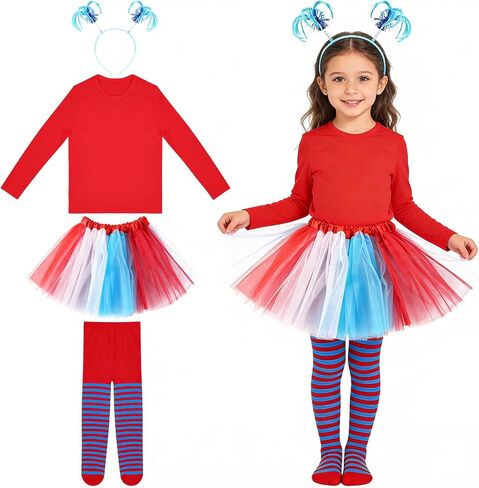 Girls 4 Pcs Tutu Outfit Red White Blue Costume Striped Tights Headband for Spirit Week 4th of July Wacky Tacky Day in Saudi Arabia