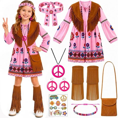 Latocos Girls 60s 70s Outfits for Kids 70s Dress Costume Hippie Outfits Disco Costume Accessories Halloween Dress Up Party in Saudi Arabia