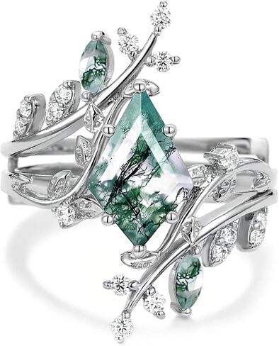 2 Carat Natural Moss Agate Engagement Ring Set for Women Unique Kite Cut Ring Bridal Set 925 Sterling Silver Rings with 18K White Gold Plated in Kuwait