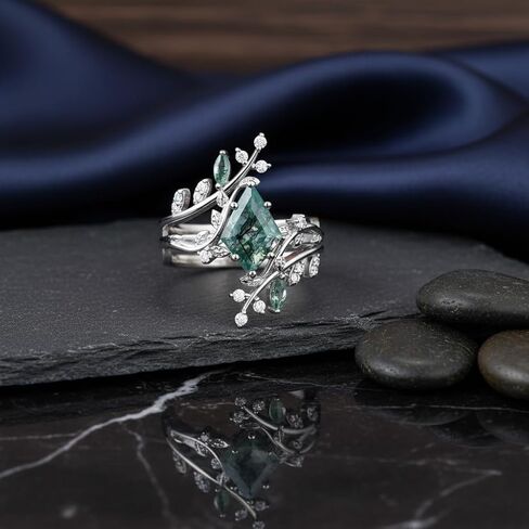 2 Carat Natural Moss Agate Engagement Ring Set for Women Unique Kite Cut Ring Bridal Set 925 Sterling Silver Rings with 18K White Gold Plated in Kuwait