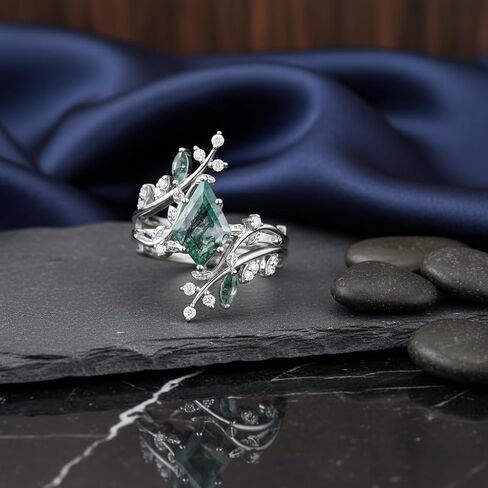 2 Carat Natural Moss Agate Engagement Ring Set for Women Unique Kite Cut Ring Bridal Set 925 Sterling Silver Rings with 18K White Gold Plated in Kuwait