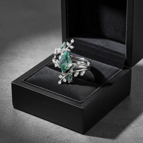 2 Carat Natural Moss Agate Engagement Ring Set for Women Unique Kite Cut Ring Bridal Set 925 Sterling Silver Rings with 18K White Gold Plated in Kuwait