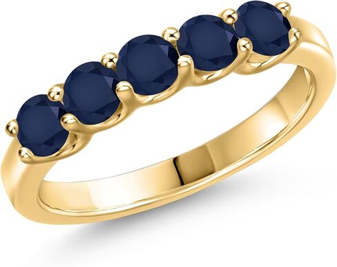 Gem Stone King 10K Yellow Gold Blue Sapphire Wedding-Bands Ring For Women | 1.10 Cttw | Round 3.5MM | Gemstone September Birthstone | Wedding Engagement Anniversary Promise Ring For Women in Kuwait