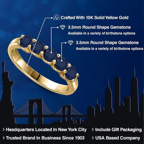 Gem Stone King 10K Yellow Gold Blue Sapphire Wedding-Bands Ring For Women | 1.10 Cttw | Round 3.5MM | Gemstone September Birthstone | Wedding Engagement Anniversary Promise Ring For Women in Kuwait