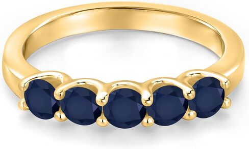 Gem Stone King 10K Yellow Gold Blue Sapphire Wedding-Bands Ring For Women | 1.10 Cttw | Round 3.5MM | Gemstone September Birthstone | Wedding Engagement Anniversary Promise Ring For Women in Kuwait