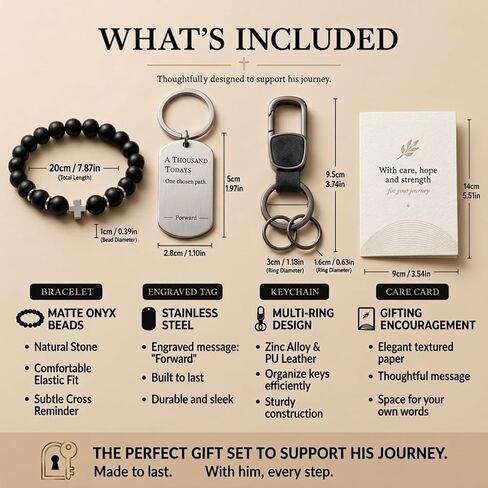 Sobriety Gifts for Men, Sober Gift Set for Recovery Milestones and Sobriety Anniversaries, 1 Year Sober Celebration Gift with Bracelet, Keychain, Engraved Tag and Greeting Card in Premium Gift Box in Kuwait