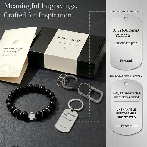 Sobriety Gifts for Men, Sober Gift Set for Recovery Milestones and Sobriety Anniversaries, 1 Year Sober Celebration Gift with Bracelet, Keychain, Engraved Tag and Greeting Card in Premium Gift Box in Kuwait