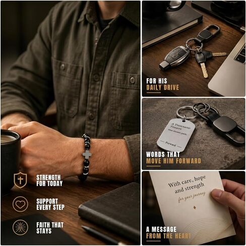 Sobriety Gifts for Men, Sober Gift Set for Recovery Milestones and Sobriety Anniversaries, 1 Year Sober Celebration Gift with Bracelet, Keychain, Engraved Tag and Greeting Card in Premium Gift Box in Kuwait