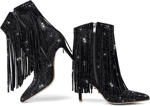 Women's Rhinestone Fringe Ankle Boots Sparkly Bling High Heel Stiletto Booties with Side Zipper Pointed Toe Dressy Tassel Fashion Boots in Saudi Arabia