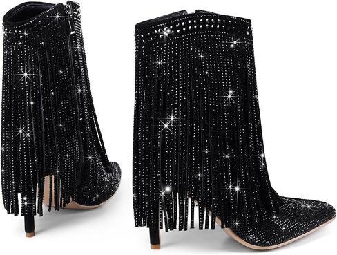 Women's Rhinestone Fringe Ankle Boots Sparkly Bling High Heel Stiletto Booties with Side Zipper Pointed Toe Dressy Tassel Fashion Boots in Saudi Arabia
