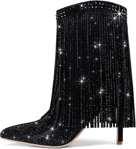 Women's Rhinestone Fringe Ankle Boots Sparkly Bling High Heel Stiletto Booties with Side Zipper Pointed Toe Dressy Tassel Fashion Boots in Saudi Arabia