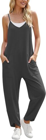 Jouica Jumpsuits for Women V Neck Sleeveless Adjustable Spaghetti Straps Pockets Wrap Hem Summer Vacation Travel Beach Wear in Kuwait