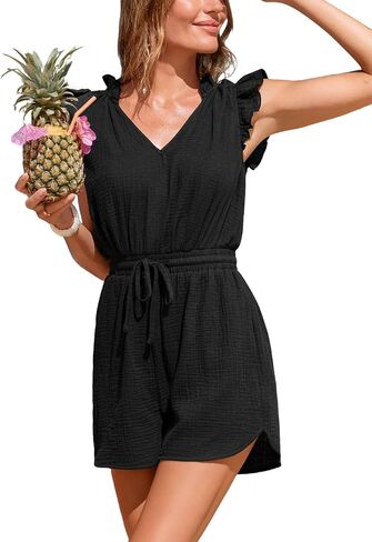 CUPSHE Women's Summer Romper 100% Cotton V Neck Ruffle Sleeve Wide Leg Smocked Waist Beach Vacation Overalls With Pockets in Kuwait