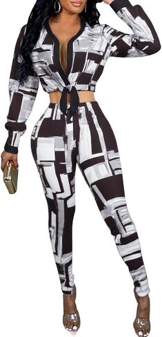 Glozeplus 2 Piece Outfits for Women Sexy Bodycon Long Sleeve Crop Tops Long Pants Sets Floral Print Tracksuits Jumpsuits in Saudi Arabia