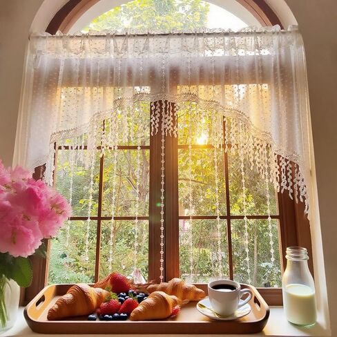 White Arched Sheer Valance Boho Pompom Short Curtain Tier with Crystal Beads for Doorways Tassels Swag Curtain Room Divider Dining Room Glass Door Rod Pocket 1Panel (W59 X L43 INCH,White) in Saudi Arabia
