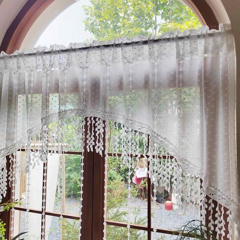 White Arched Sheer Valance Boho Pompom Short Curtain Tier with Crystal Beads for Doorways Tassels Swag Curtain Room Divider Dining Room Glass Door Rod Pocket 1Panel (W59 X L43 INCH,White) in Saudi Arabia