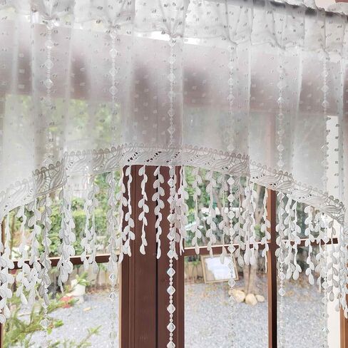 White Arched Sheer Valance Boho Pompom Short Curtain Tier with Crystal Beads for Doorways Tassels Swag Curtain Room Divider Dining Room Glass Door Rod Pocket 1Panel (W59 X L43 INCH,White) in Saudi Arabia