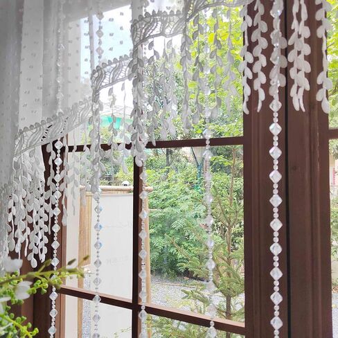White Arched Sheer Valance Boho Pompom Short Curtain Tier with Crystal Beads for Doorways Tassels Swag Curtain Room Divider Dining Room Glass Door Rod Pocket 1Panel (W59 X L43 INCH,White) in Saudi Arabia