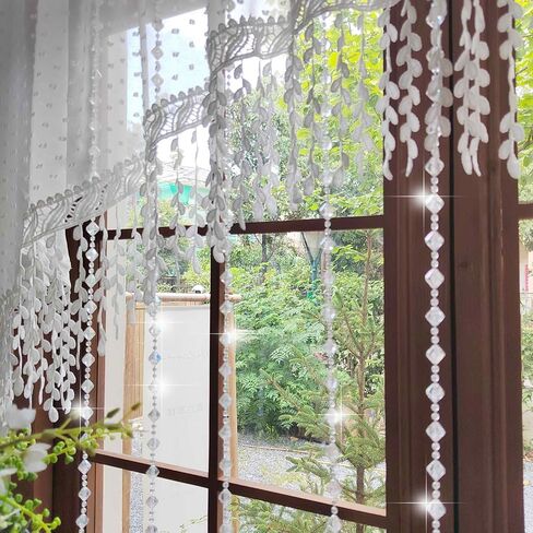 White Arched Sheer Valance Boho Pompom Short Curtain Tier with Crystal Beads for Doorways Tassels Swag Curtain Room Divider Dining Room Glass Door Rod Pocket 1Panel (W59 X L43 INCH,White) in Saudi Arabia