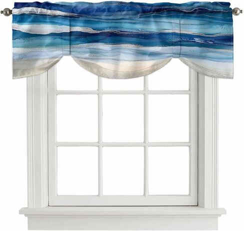 Navy Blue Coastal Beach Tie Up Valances for Windows, Summer Nautical Adjustable Short Window Treatment, Ocean Sea Ombre Art Rod Pocket Kitchen Curtains Drapes for Bedroom/Living Room/Cafe 54"x18" in Saudi Arabia