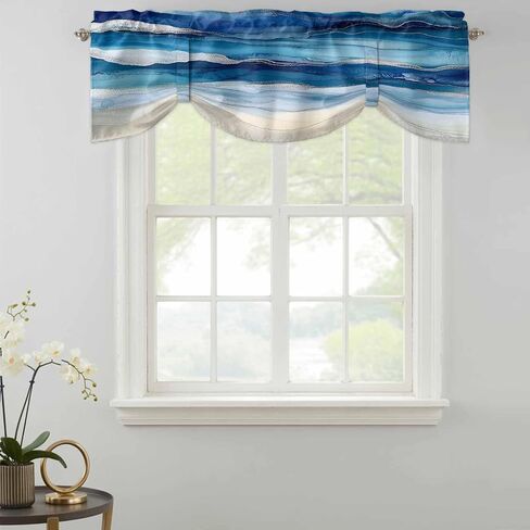 Navy Blue Coastal Beach Tie Up Valances for Windows, Summer Nautical Adjustable Short Window Treatment, Ocean Sea Ombre Art Rod Pocket Kitchen Curtains Drapes for Bedroom/Living Room/Cafe 54"x18" in Saudi Arabia