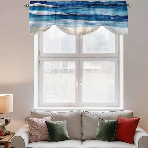 Navy Blue Coastal Beach Tie Up Valances for Windows, Summer Nautical Adjustable Short Window Treatment, Ocean Sea Ombre Art Rod Pocket Kitchen Curtains Drapes for Bedroom/Living Room/Cafe 54"x18" in Saudi Arabia
