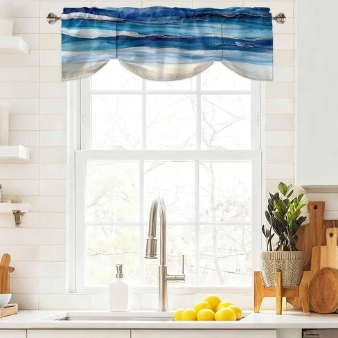 Navy Blue Coastal Beach Tie Up Valances for Windows, Summer Nautical Adjustable Short Window Treatment, Ocean Sea Ombre Art Rod Pocket Kitchen Curtains Drapes for Bedroom/Living Room/Cafe 54"x18" in Saudi Arabia