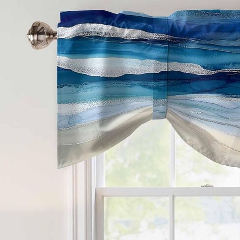 Navy Blue Coastal Beach Tie Up Valances for Windows, Summer Nautical Adjustable Short Window Treatment, Ocean Sea Ombre Art Rod Pocket Kitchen Curtains Drapes for Bedroom/Living Room/Cafe 54"x18" in Saudi Arabia