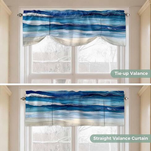 Navy Blue Coastal Beach Tie Up Valances for Windows, Summer Nautical Adjustable Short Window Treatment, Ocean Sea Ombre Art Rod Pocket Kitchen Curtains Drapes for Bedroom/Living Room/Cafe 54"x18" in Saudi Arabia