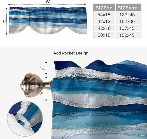 Navy Blue Coastal Beach Tie Up Valances for Windows, Summer Nautical Adjustable Short Window Treatment, Ocean Sea Ombre Art Rod Pocket Kitchen Curtains Drapes for Bedroom/Living Room/Cafe 54"x18" in Saudi Arabia