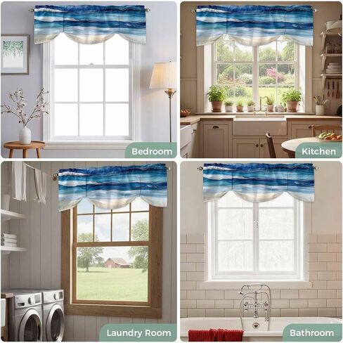 Navy Blue Coastal Beach Tie Up Valances for Windows, Summer Nautical Adjustable Short Window Treatment, Ocean Sea Ombre Art Rod Pocket Kitchen Curtains Drapes for Bedroom/Living Room/Cafe 54"x18" in Saudi Arabia