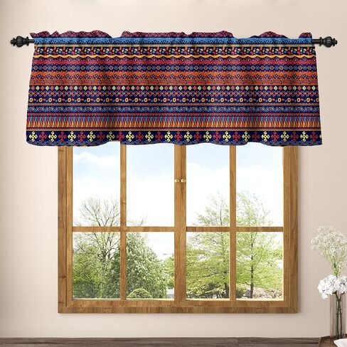 Renaiss 42 x 18 Inch Bohemian Stripes Kitchen Valances Light Filtering Farmhouse Country Linen Window Treatment Decor Retro Boho Floral Rod Pocket Valance Curtains for Living Room Bedroom Bathroom in Kuwait