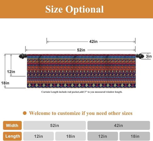 Renaiss 42 x 18 Inch Bohemian Stripes Kitchen Valances Light Filtering Farmhouse Country Linen Window Treatment Decor Retro Boho Floral Rod Pocket Valance Curtains for Living Room Bedroom Bathroom in Kuwait