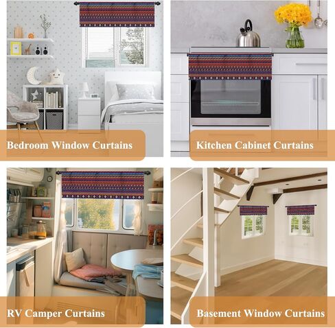 Renaiss 42 x 18 Inch Bohemian Stripes Kitchen Valances Light Filtering Farmhouse Country Linen Window Treatment Decor Retro Boho Floral Rod Pocket Valance Curtains for Living Room Bedroom Bathroom in Kuwait
