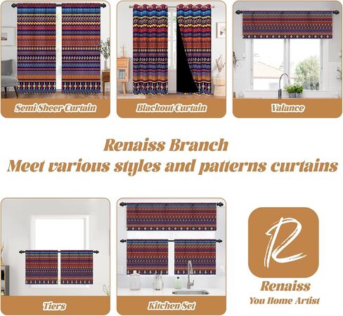 Renaiss 42 x 18 Inch Bohemian Stripes Kitchen Valances Light Filtering Farmhouse Country Linen Window Treatment Decor Retro Boho Floral Rod Pocket Valance Curtains for Living Room Bedroom Bathroom in Kuwait