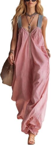 Women's Adjustable Strap Cropped Pant Jumpsuit Zipper Front Backless Striped Loose Fit Overall with Pockets in Saudi Arabia