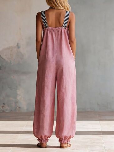 Women's Adjustable Strap Cropped Pant Jumpsuit Zipper Front Backless Striped Loose Fit Overall with Pockets in Saudi Arabia