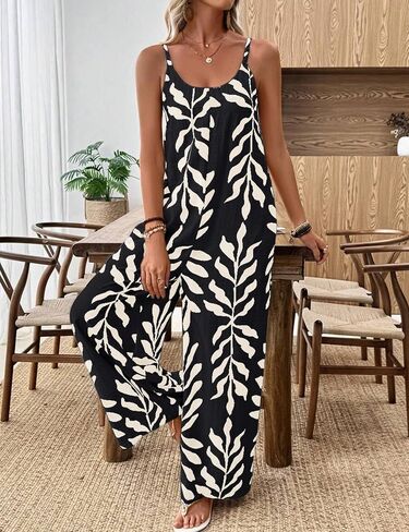 Yeokou Women's Overalls Loose Casual Boho Wide Leg Adjustable Straps Jumpsuits Summer Printed Vacation Rompers with Pockets in Kuwait