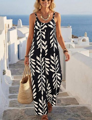 Yeokou Women's Overalls Loose Casual Boho Wide Leg Adjustable Straps Jumpsuits Summer Printed Vacation Rompers with Pockets in Kuwait
