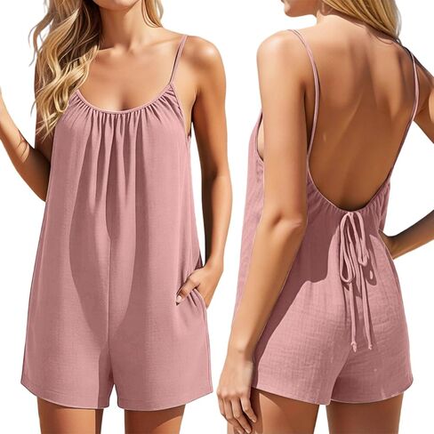 AELSON Womens Backless Rompers Summer Casual Sleeveless Spaghetti Strap Jumpsuit Shorts 2026 Beach Vacation Outfits in Saudi Arabia