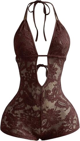 SweatyRocks Women's Sheer Lace Deep V Neck Skinny Romper Bodysuit Sexy Shorts Jumpsuit Clubwear in Saudi Arabia