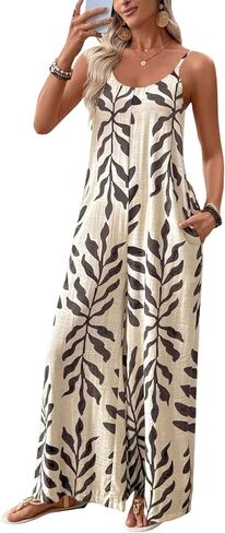 Yeokou Women's Overalls Loose Casual Boho Wide Leg Adjustable Straps Jumpsuits Summer Printed Vacation Rompers with Pockets in Kuwait
