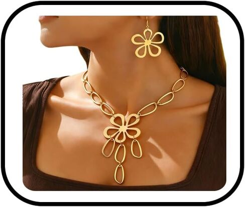 PINK TOWN Boho Daisy Flower Necklace Earrings Set for Women,Vintage Hollow Floral Dangle Drop Earring Bohemian Black Leather Bead Pendant Choker Necklace Hippie Jewelry in Kuwait