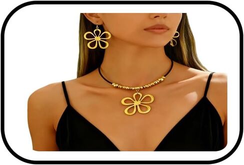 PINK TOWN Boho Daisy Flower Necklace Earrings Set for Women,Vintage Hollow Floral Dangle Drop Earring Bohemian Black Leather Bead Pendant Choker Necklace Hippie Jewelry in Kuwait