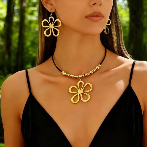 PINK TOWN Boho Daisy Flower Necklace Earrings Set for Women,Vintage Hollow Floral Dangle Drop Earring Bohemian Black Leather Bead Pendant Choker Necklace Hippie Jewelry in Kuwait