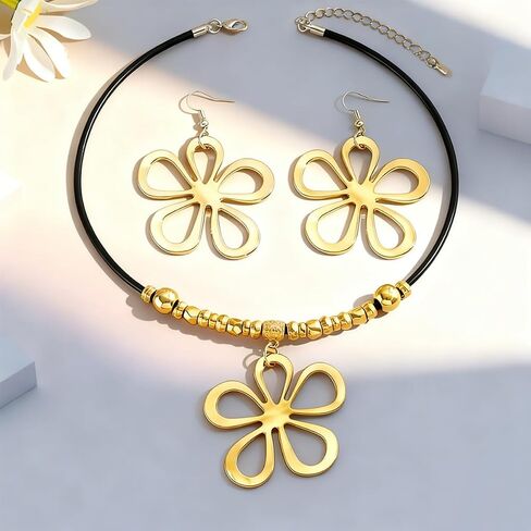PINK TOWN Boho Daisy Flower Necklace Earrings Set for Women,Vintage Hollow Floral Dangle Drop Earring Bohemian Black Leather Bead Pendant Choker Necklace Hippie Jewelry in Kuwait