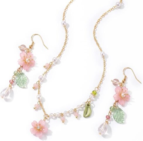 Premium 2-Piece Pink Flower Jewelry Set for Women, Dainty Cherry Blossom Pendant Necklace With Pearl, Botanical Leaf Dangle Earrings Wedding Accessories in Saudi Arabia